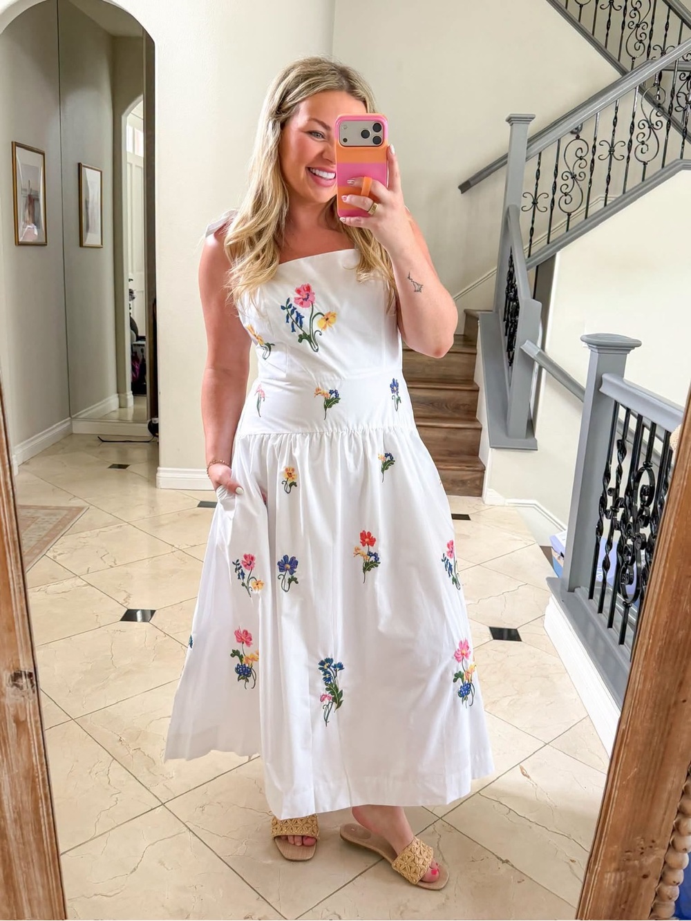 ******* White Floral Embroidered Maxi Dress with Square Neck b7 *******